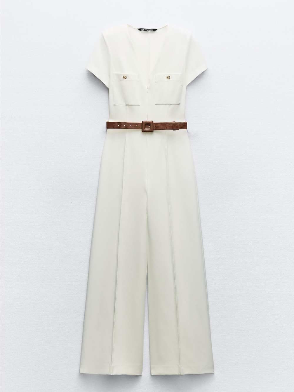 Zara White Belted Wide-Leg Jumpsuit – Size S